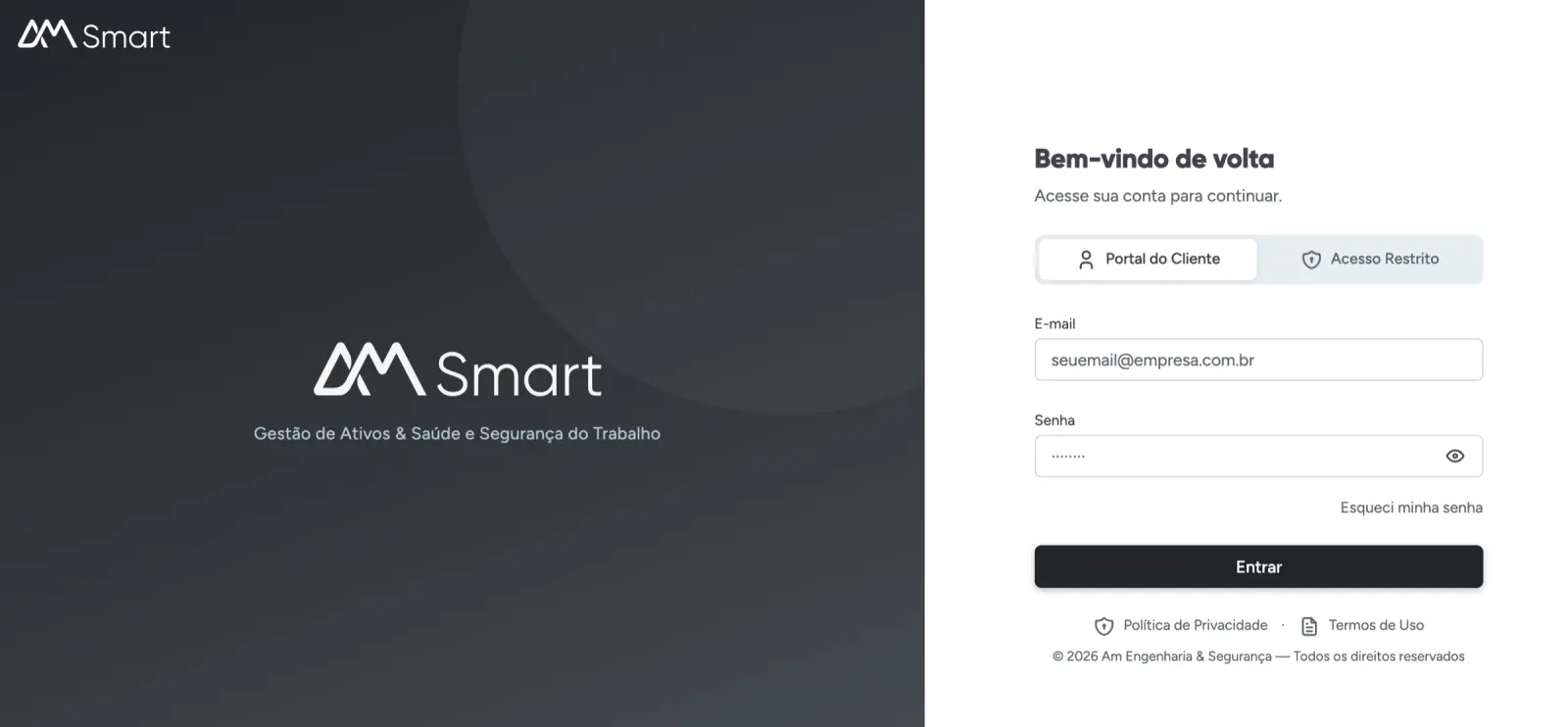 Mockup do AM Smart: notebook + celular mostrando o dashboard de laudos a vencer e o app do colaborador