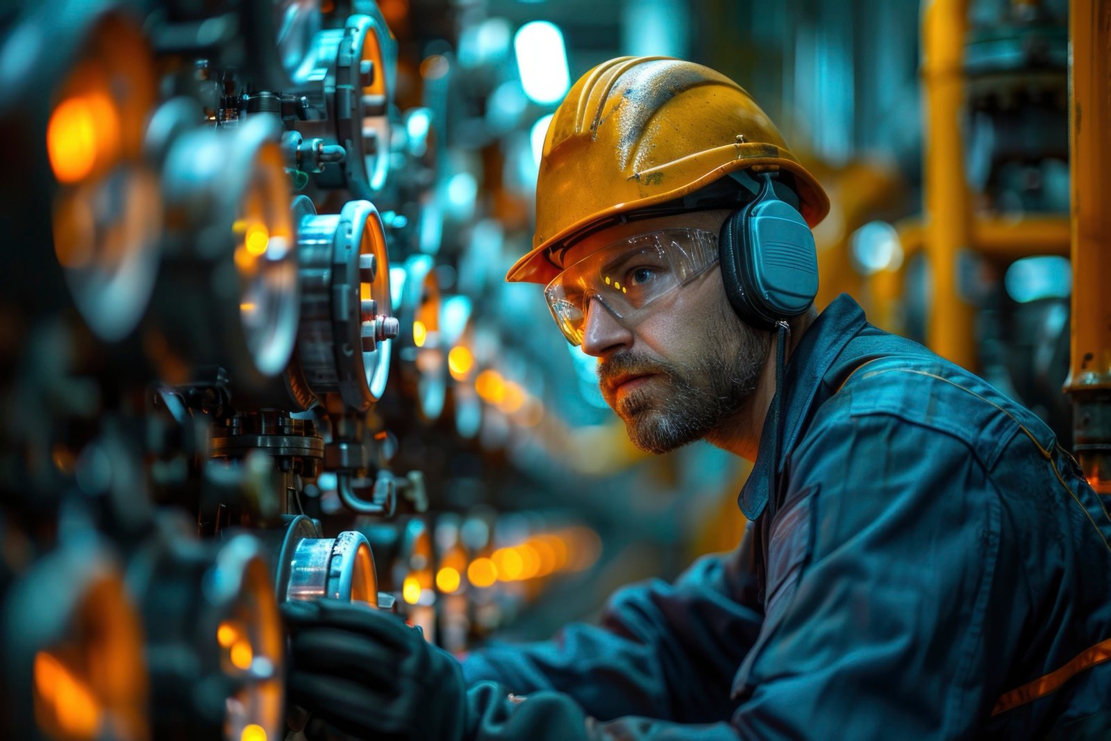 Foto: máquina industrial com proteções e cortina de luz instaladas, operador ao lado
