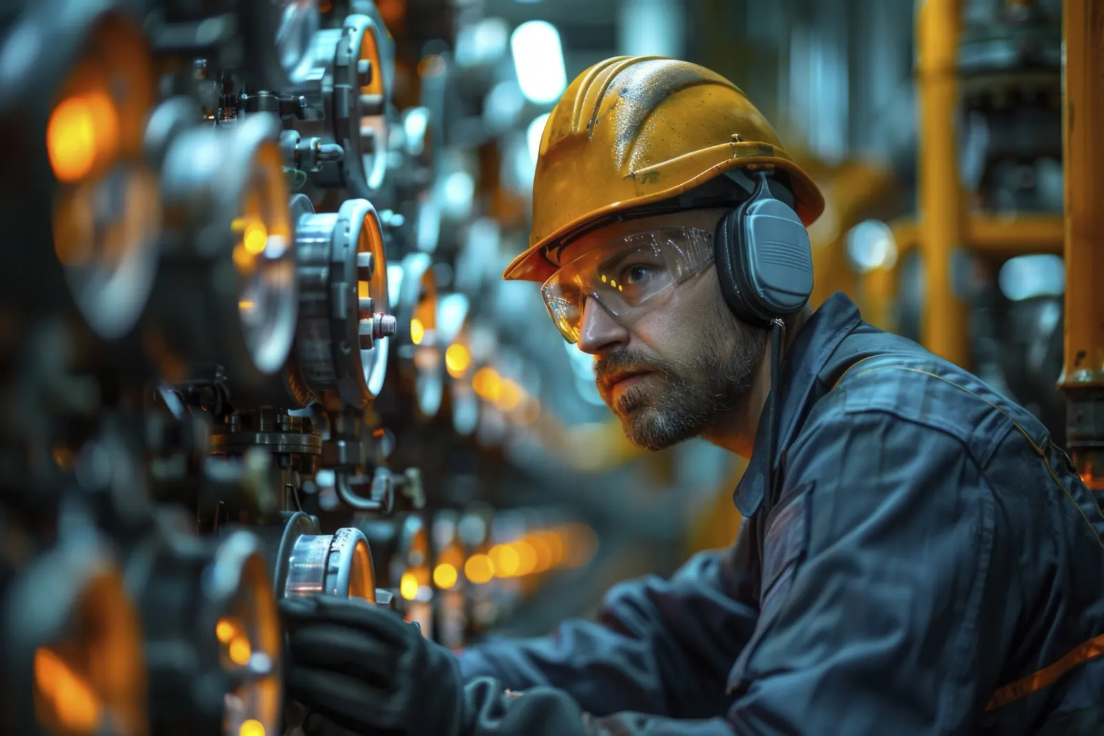 Foto: máquina industrial com proteções e cortina de luz instaladas, operador ao lado